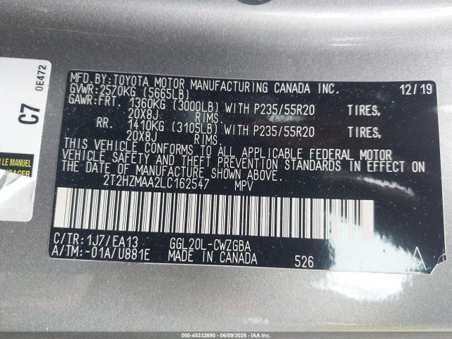 45332690 :رقم المزاد ، 2T2HZMAA2LC162547 vin ، 2020 Lexus Rx 350 مزاد بيع
