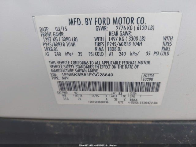Ford Explorer 2015 1FM5K8B81FGC28649 Image 9
