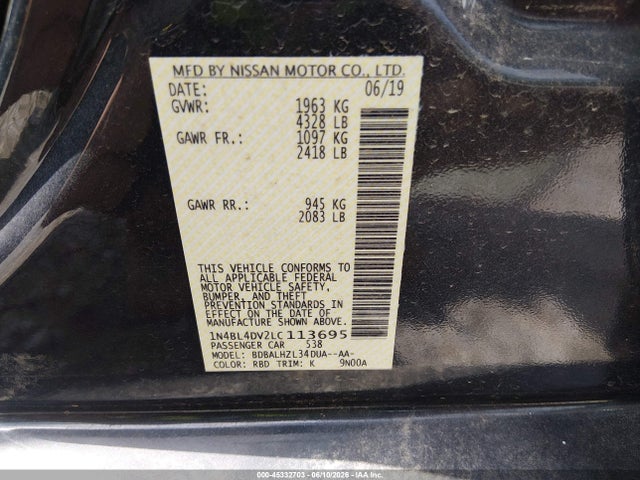 1N4BL4DV2LC113695 Nissan Altima Sv Fwd