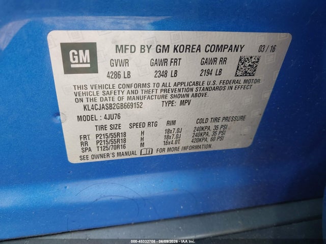 Продажа на аукционе авто 2016 Buick Encore, vin: KL4CJASB2GB669152, номер лота: 45332708