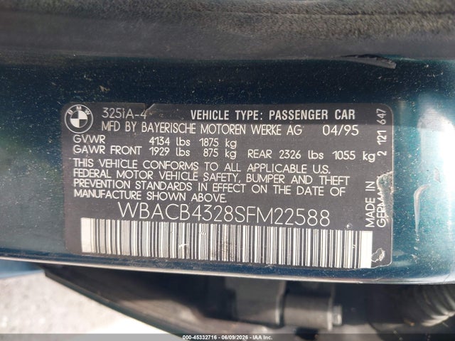Aukcja sprzedaży 1995 Bmw 325 I Automatic, vin: WBACB4328SFM22588, numer aukcji: 45332716
