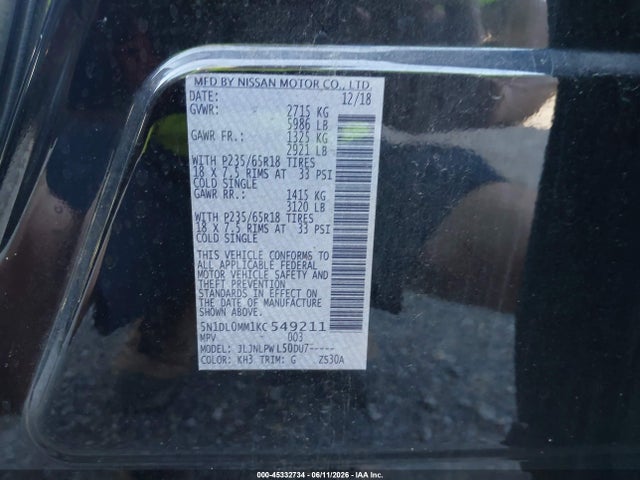 Aukcja sprzedaży 2019 Infiniti Qx60 Pure, vin: 5N1DL0MM1KC549211, numer aukcji: 45332734
