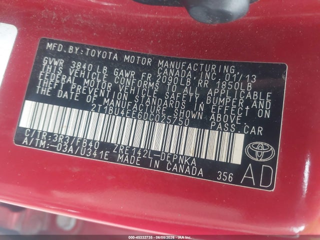 45332735 :رقم المزاد ، 2T1BU4EE6DC025750 vin ، 2013 Toyota Corolla Le مزاد بيع