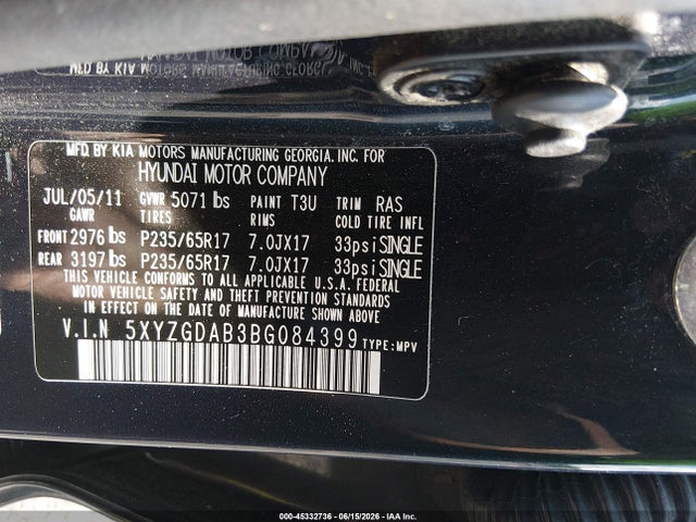 Продажа на аукционе авто 2011 Hyundai Santa Fe Gls, vin: 5XYZGDAB3BG084399, номер лота: 45332736