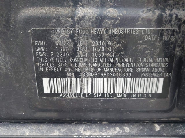 45332754 :رقم المزاد ، 4S3BMBC68D3016699 vin ، 2013 Subaru Legacy 2.5i Premium مزاد بيع