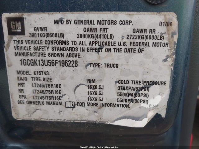 45332759 :رقم المزاد ، 1GCGK13U56F196228 vin ، 2006 Chevrolet Silverado 1500hd Lt1 مزاد بيع