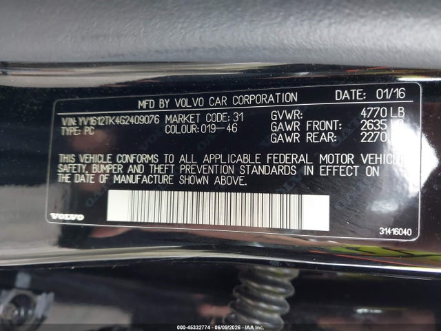 45332774 :رقم المزاد ، YV1612TK4G2409076 vin ، 2016 Volvo S60 T5 Premier مزاد بيع