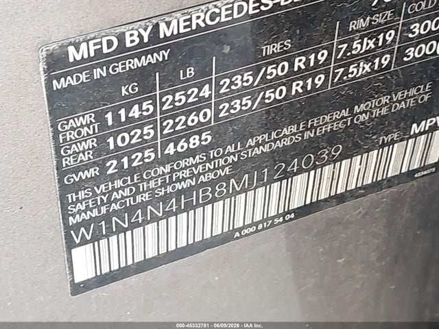 Продажа на аукционе авто 2021 Mercedes-benz Gla 250 4matic, vin: W1N4N4HB8MJ124039, номер лота: 45332781