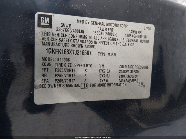 Aukcja sprzedaży 2007 Gmc Yukon Xl Slt, vin: 1GKFK163X7J216507, numer aukcji: 45332805