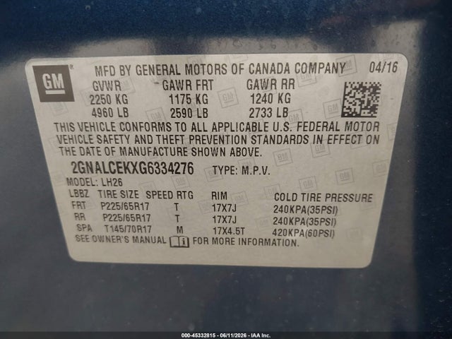 Aukcja sprzedaży 2016 Chevrolet Equinox Lt, vin: 2GNALCEKXG6334276, numer aukcji: 45332815