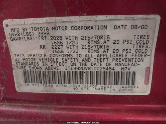 2001 Toyota Rav4 მანქანა იყიდება აუქციონზე, vin: JTEHH20V810025454, აუქციონის ნომერი: 45332830