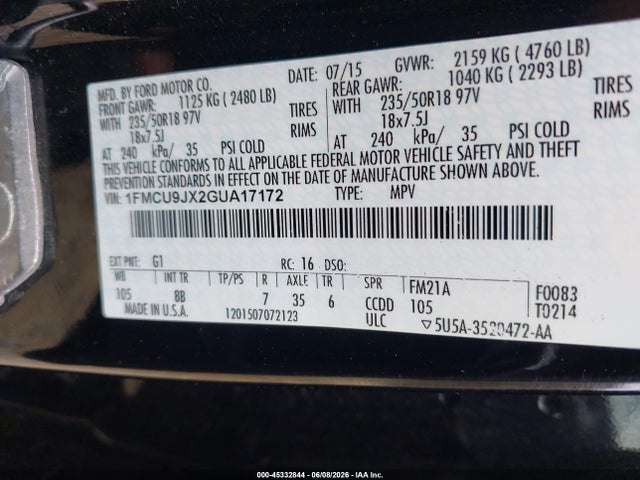 Продажа на аукционе авто 2016 Ford Escape Titanium, vin: 1FMCU9JX2GUA17172, номер лота: 45332844