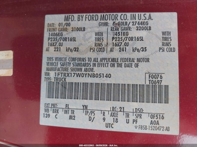 Aukcja sprzedaży 2000 Ford F-150 Lariat/work Series/xl/xlt, vin: 1FTRX17W0YNB05140, numer aukcji: 45332863