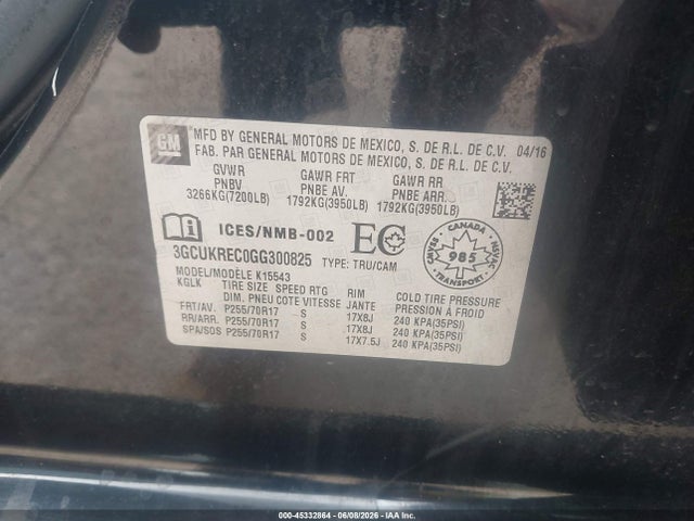 Продаж на аукціоні авто 2016 Chevrolet Silverado 1500 1lt/2lt, vin: 3GCUKREC0GG300825, номер лоту: 45332864