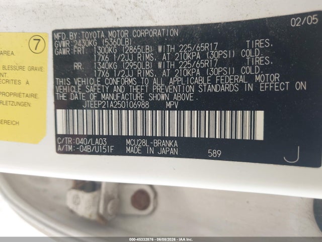 Aukcja sprzedaży 2005 Toyota Highlander Limited V6, vin: JTEEP21A250106988, numer aukcji: 45332876