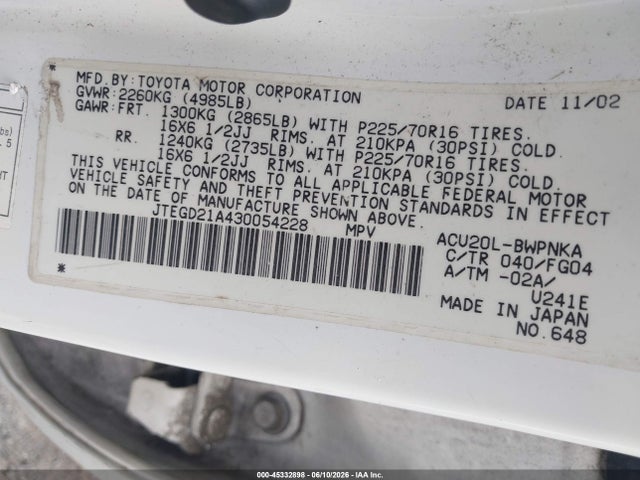 Продаж на аукціоні авто 2003 Toyota Highlander, vin: JTEGD21A430054228, номер лоту: 45332898