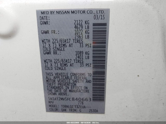 Aukcja sprzedaży 2015 Nissan Rogue Sv, vin: 5N1AT2MV5FC840663, numer aukcji: 45332900
