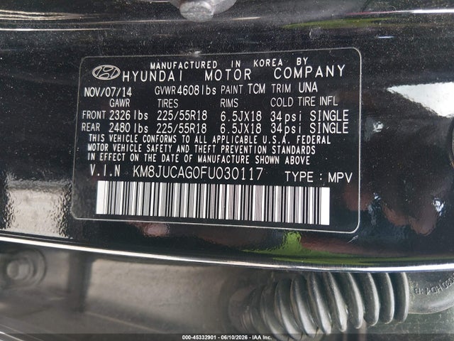 2015 Hyundai Tucson Limited მანქანა იყიდება აუქციონზე, vin: KM8JUCAG0FU030117, აუქციონის ნომერი: 45332901