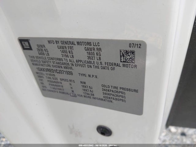 Продаж на аукціоні авто 2012 Gmc Acadia Slt-1, vin: 1GKKVRED1CJ371939, номер лоту: 45332942
