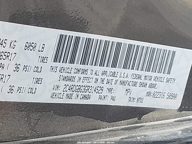 Продаж на аукціоні авто 2016 Dodge Grand Caravan Se, vin: 2C4RDGBG3GR314529, номер лоту: 45333001