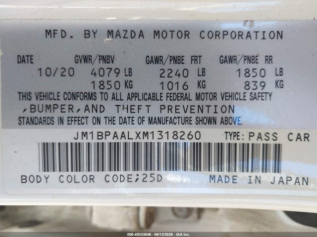 Aukcja sprzedaży 2021 Mazda Mazda3 2.5 S, vin: JM1BPAALXM1318260, numer aukcji: 45333046