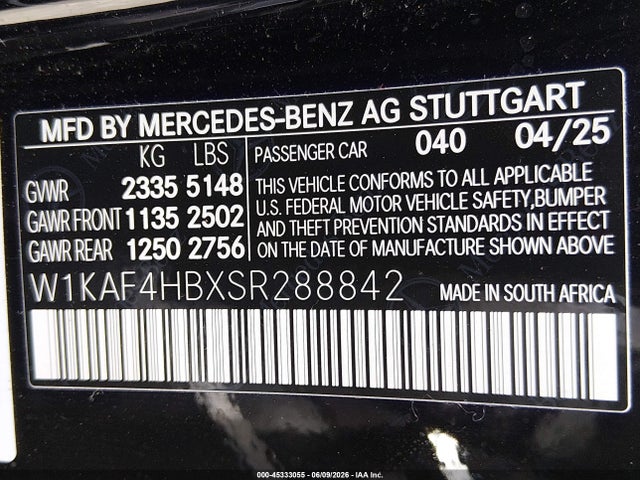 Aukcja sprzedaży 2025 Mercedes-benz C 300, vin: W1KAF4HBXSR288842, numer aukcji: 45333055
