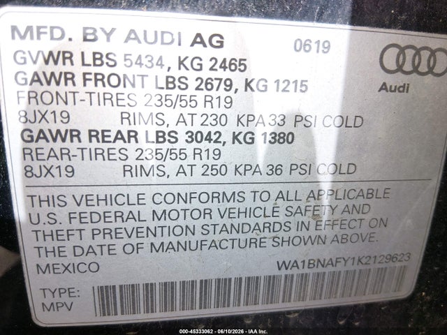 Продажа на аукционе авто 2019 Audi Q5 45 Premium, vin: WA1BNAFY1K2129623, номер лота: 45333062