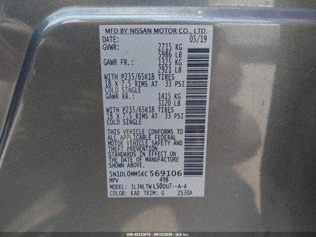 Aukcja sprzedaży 2019 Infiniti Qx60 Luxe, vin: 5N1DL0MM5KC569106, numer aukcji: 45333070