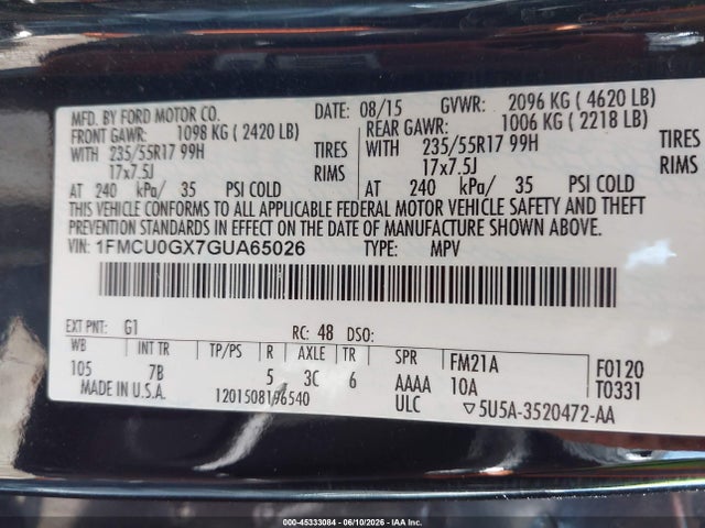 45333084 :رقم المزاد ، 1FMCU0GX7GUA65026 vin ، 2016 Ford Escape Se مزاد بيع