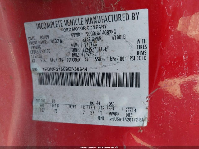 45333101 :رقم المزاد ، 1FDNF21559EA58644 vin ، 2009 Ford Super Duty F-250 Srw Xl/xlt مزاد بيع