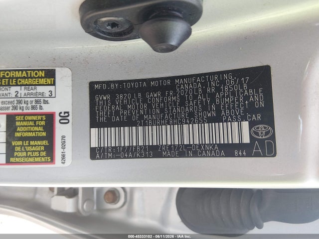 2017 Toyota Corolla Le მანქანა იყიდება აუქციონზე, vin: 2T1BURHE8HC942655, აუქციონის ნომერი: 45333102