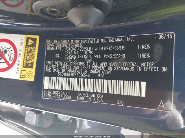 Toyota Highlander Limited V6 2015 5TDYKRFHXFS096546 Image 9