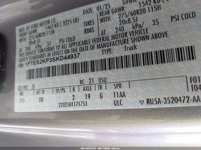 45333130 :رقم المزاد ، 1FTEX2KP3SKD44937 vin ، 2025 Ford F-150 Stx مزاد بيع