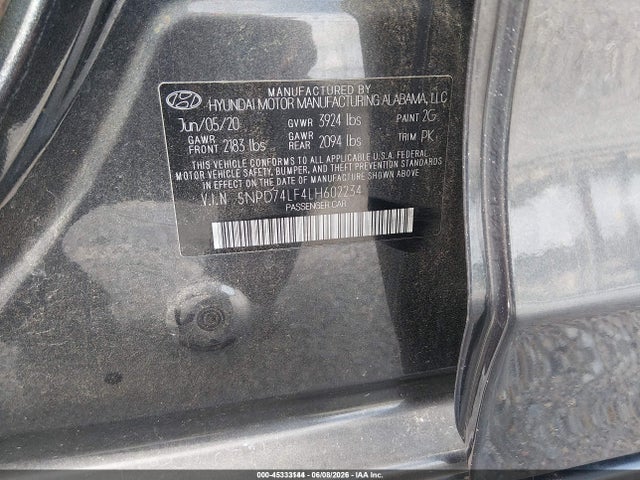 Aukcja sprzedaży 2020 Hyundai Elantra Se, vin: 5NPD74LF4LH602234, numer aukcji: 45333144