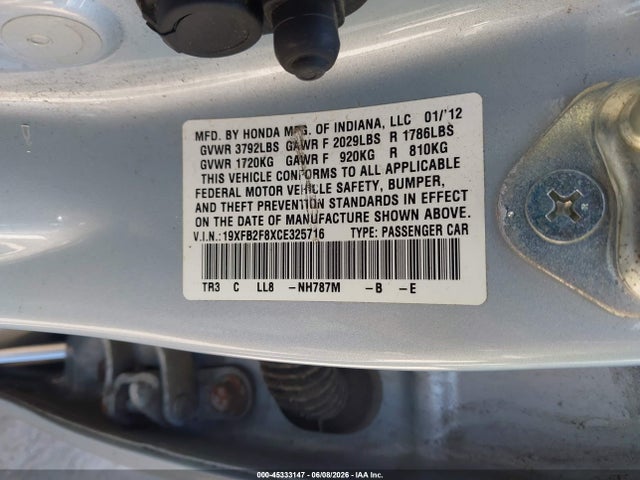 Продажа на аукционе авто 2012 Honda Civic Ex, vin: 19XFB2F8XCE325716, номер лота: 45333147