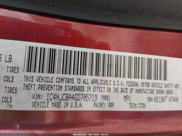Продажа на аукционе авто 2016 Jeep Compass Sport, vin: 1C4NJCBA4GD705719, номер лота: 45333151