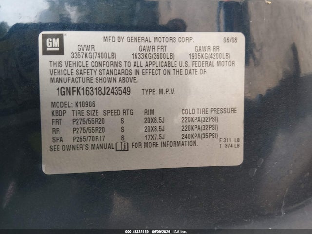 Aukcja sprzedaży 2008 Chevrolet Suburban 1500 Ltz, vin: 1GNFK16318J243549, numer aukcji: 45333159