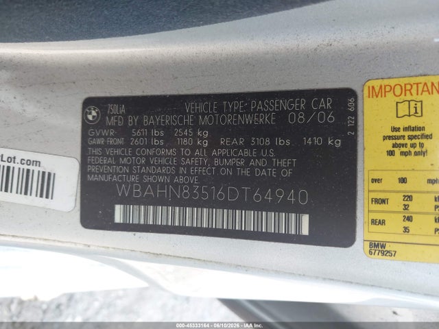 Aukcja sprzedaży 2006 Bmw 750li, vin: WBAHN83516DT64940, numer aukcji: 45333164