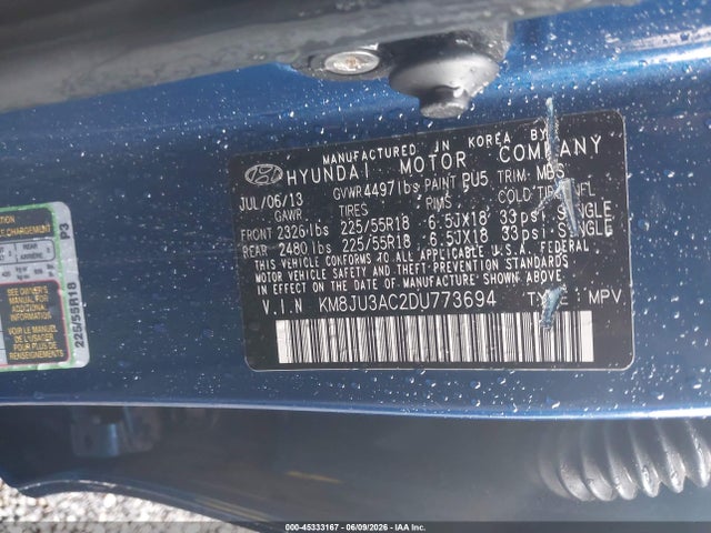 2013 Hyundai Tucson Limited მანქანა იყიდება აუქციონზე, vin: KM8JU3AC2DU773694, აუქციონის ნომერი: 45333167