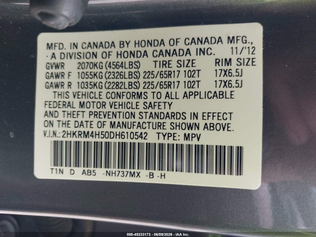 Продаж на аукціоні авто 2013 Honda Cr-v Ex, vin: 2HKRM4H50DH610542, номер лоту: 45333173