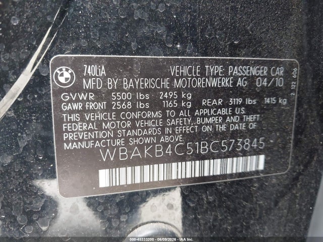 Продаж на аукціоні авто 2011 Bmw 740li, vin: WBAKB4C51BC573845, номер лоту: 45333200
