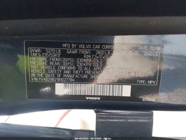 Продажа на аукционе авто 2008 Volvo Xc70 3.2, vin: YV4BZ982181027784, номер лота: 45333230