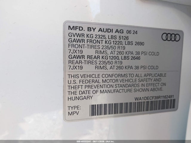Aukcja sprzedaży 2024 Audi Q3 Premium 45 Tfsi S Line Quattro Tiptronic, vin: WA1DECF39R1162491, numer aukcji: 45333241