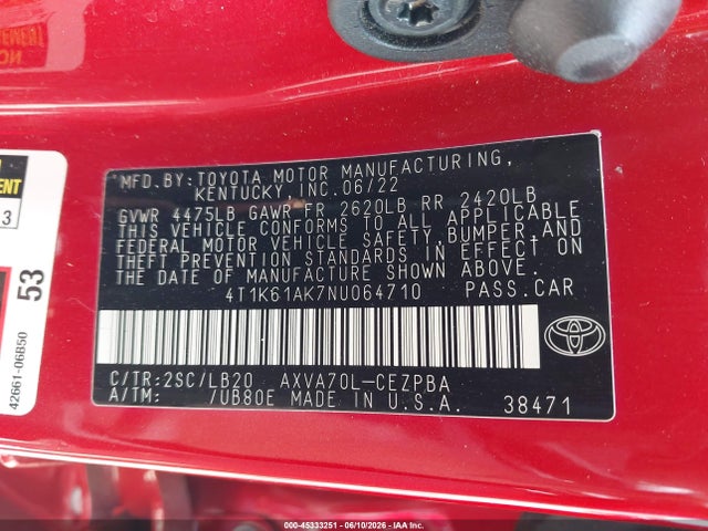 4T1K61AK7NU064710 Toyota CAMRY XSE