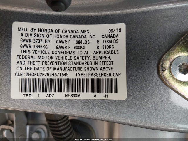 Продажа на аукционе авто 2018 Honda Civic Ex, vin: 2HGFC2F79JH571549, номер лота: 45333255