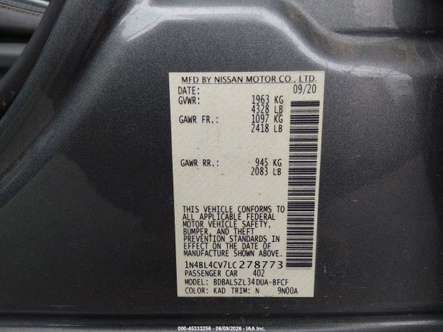 Продаж на аукціоні авто 2020 Nissan Altima Sr Fwd, vin: 1N4BL4CV7LC278773, номер лоту: 45333256