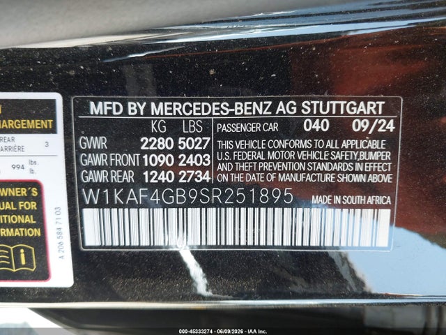 W1KAF4GB9SR251895 Mercedes-Benz C 300