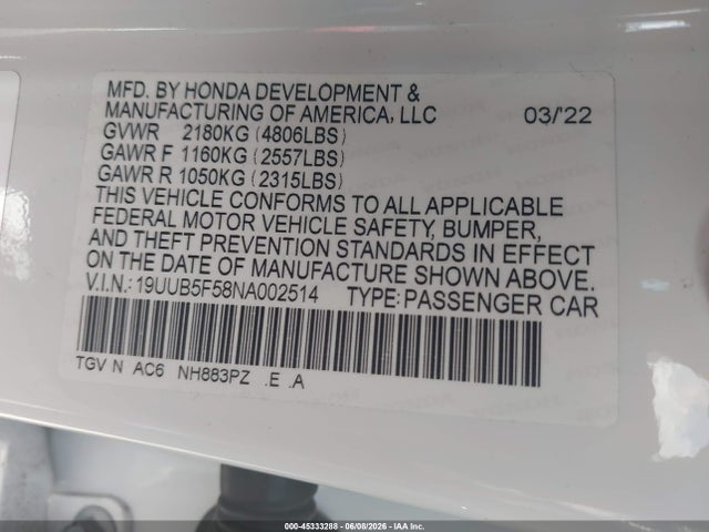 2022 Acura Tlx A-spec Package მანქანა იყიდება აუქციონზე, vin: 19UUB5F58NA002514, აუქციონის ნომერი: 45333288