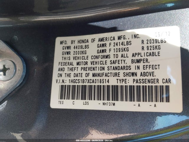 2012 Honda Accord 2.4 Ex მანქანა იყიდება აუქციონზე, vin: 1HGCS1B7XCA018514, აუქციონის ნომერი: 45333296