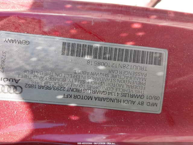 Aukcja sprzedaży 2002 Audi Tt 1.8l, vin: TRUUT28N121008518, numer aukcji: 45333304